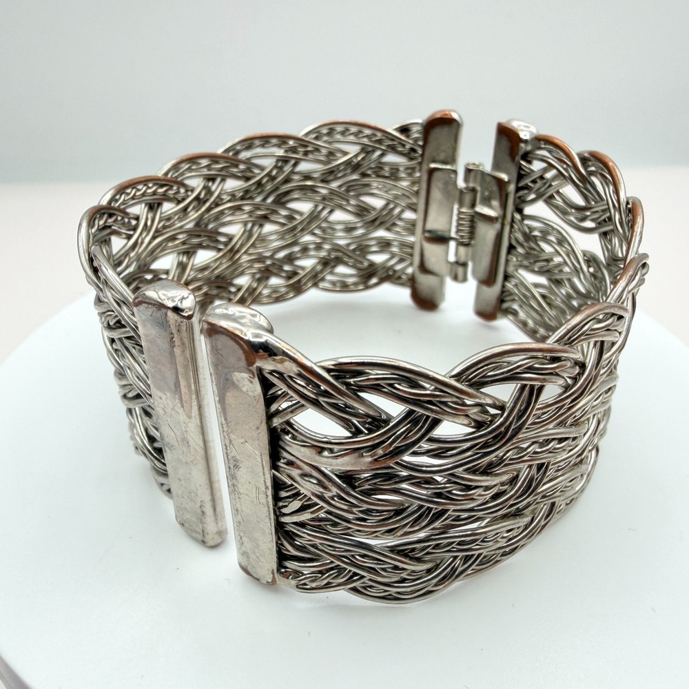 Vintage Silver Tone Braided Wire Cuff Bracelet Wide Hinged Bangle Retro Mesh
